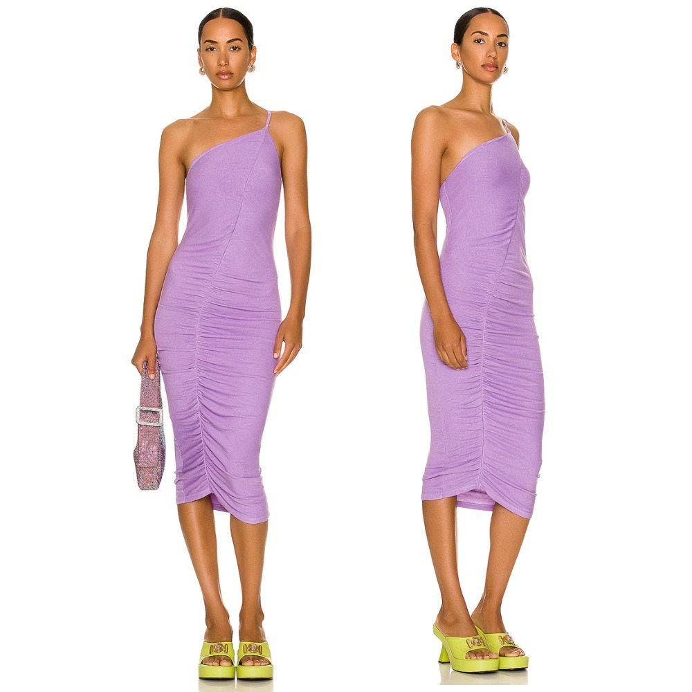 Enza Costa One Shoulder Ruched Dress XS Dark Lavender Silk Blend